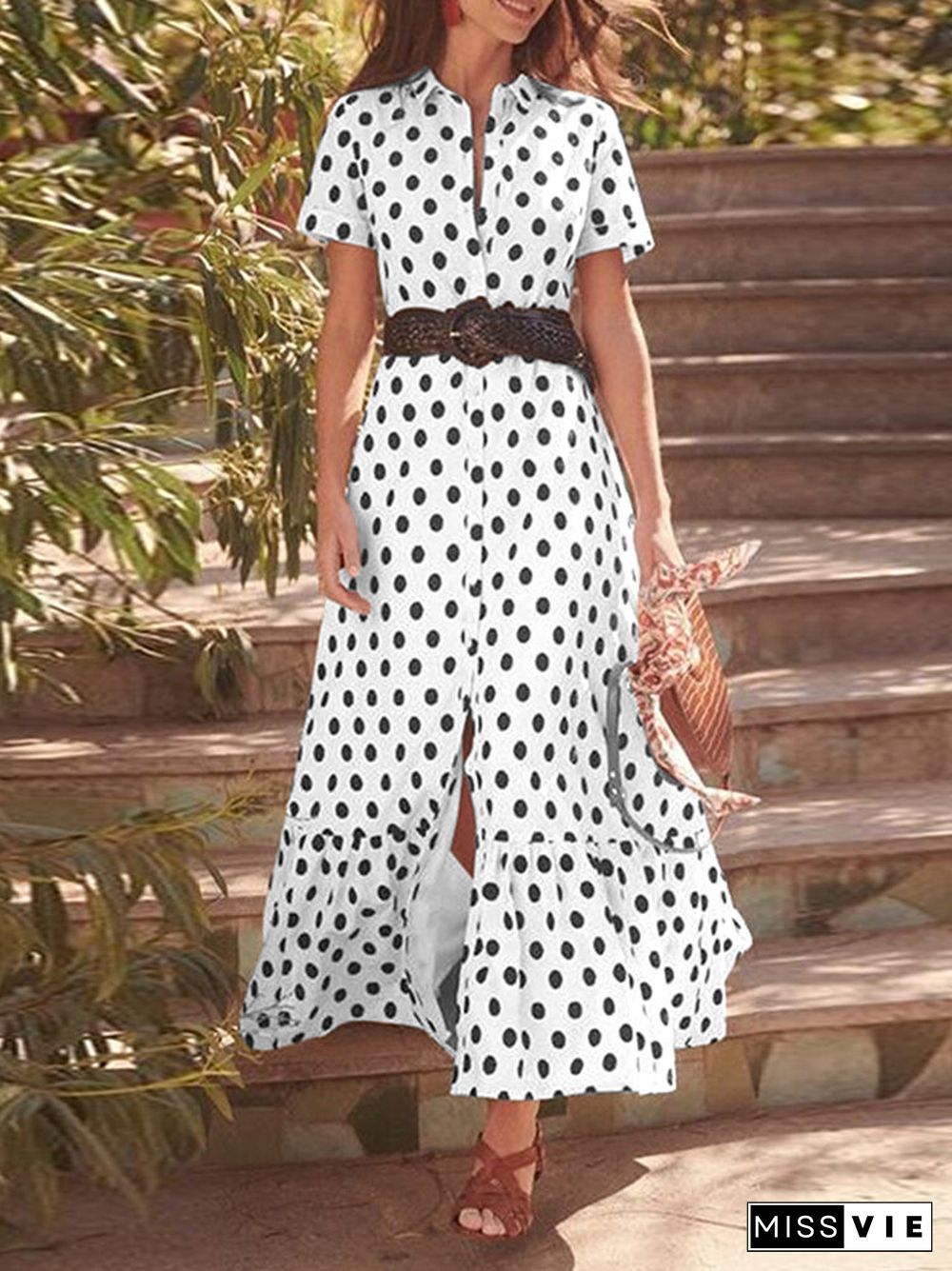 Polka Dot Button Lapel Short Sleeve Ruffle Shirt Dress