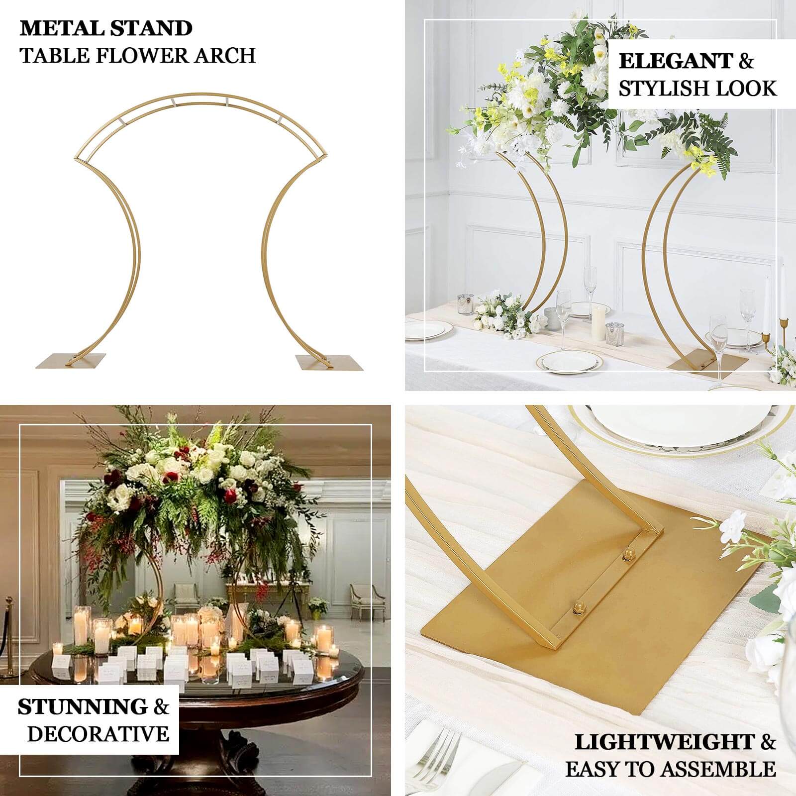 Gold Metal Floral Arch Frame Wedding Table Centerpiece Stand With Curvy Design, Large Table Display or Aisle Prop 38