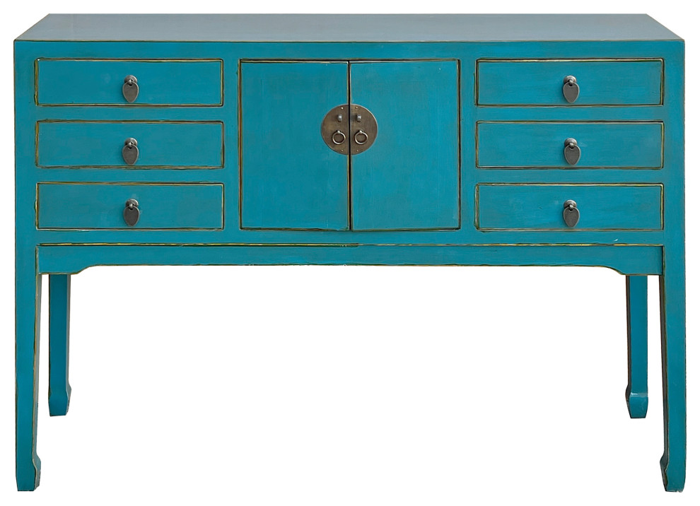 Distress Bright Blue Lacquer Tall Moon Face 6 Drawers Slim Foyer Table Hcs7566   Asian   Console Tables   by Golden Lotus Antiques  Houzz