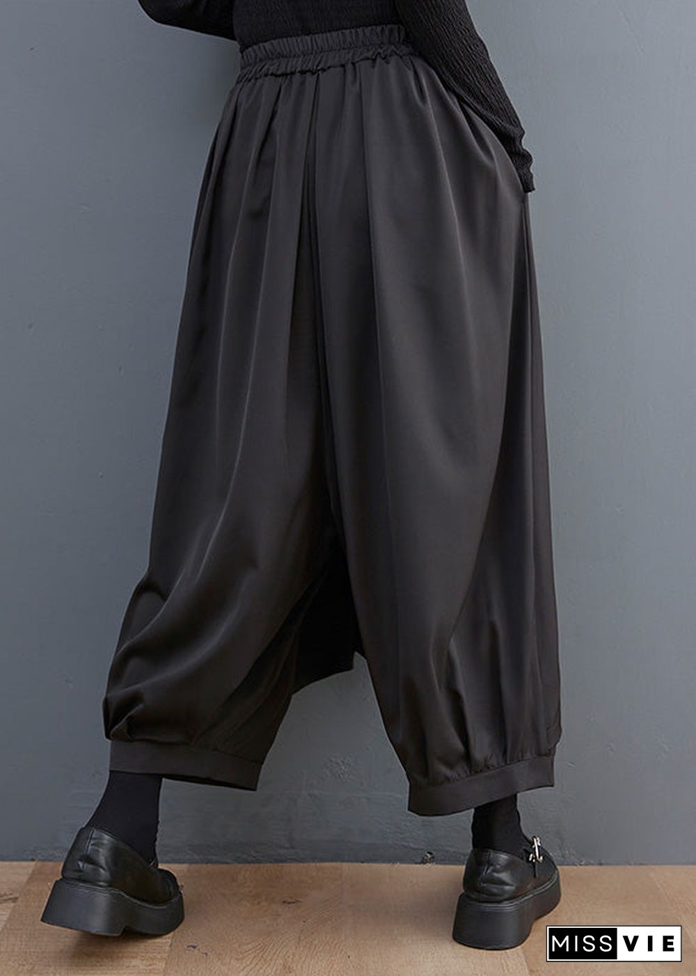 Casual Black Elastic Waist Pockets Solid Wide Leg Pants Skirt Summer