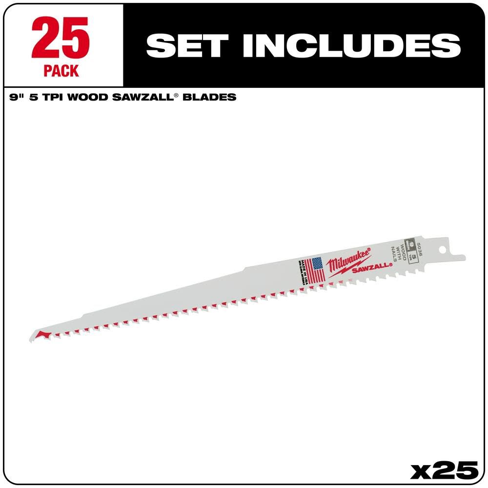 Milwaukee 9 in. 5 TPI SAWZALL Blades 25PK 48-00-8036 from Milwaukee