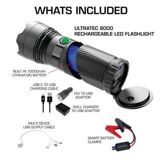 Smartech Products 8000 Lumen Rechargeable Flashlight with 10000 mAH Jump Starter and Power Bank ULTRATECH-8000