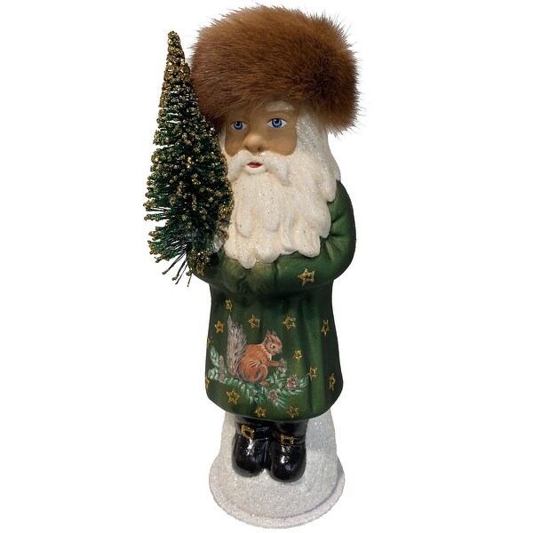 10.5” Paper Mache Santa Green Coat Fur Hat Christmas Candy Container