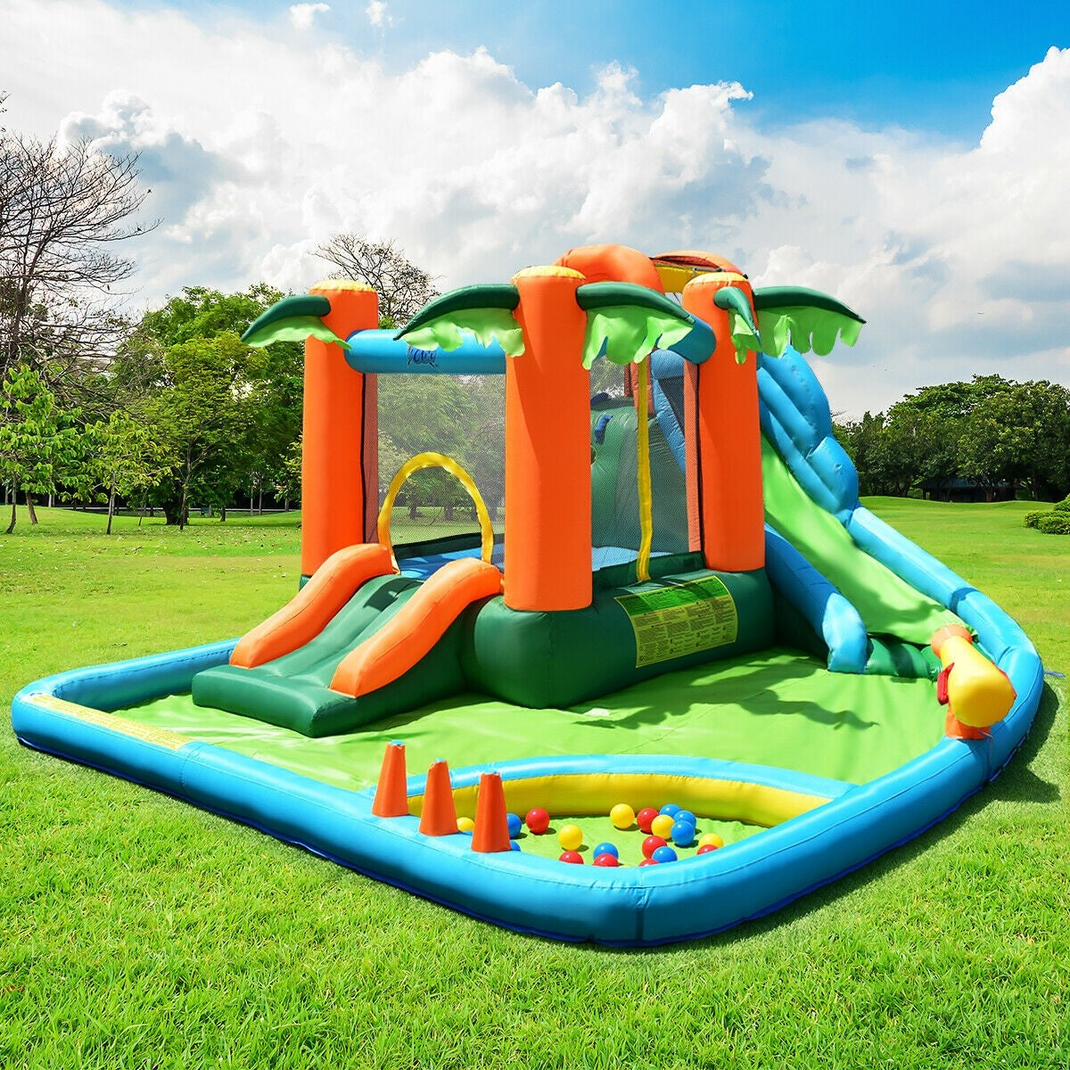 Multiple Play Areas 7 in 1 Jungle Water Park w/ Two Slides & Jumping Area