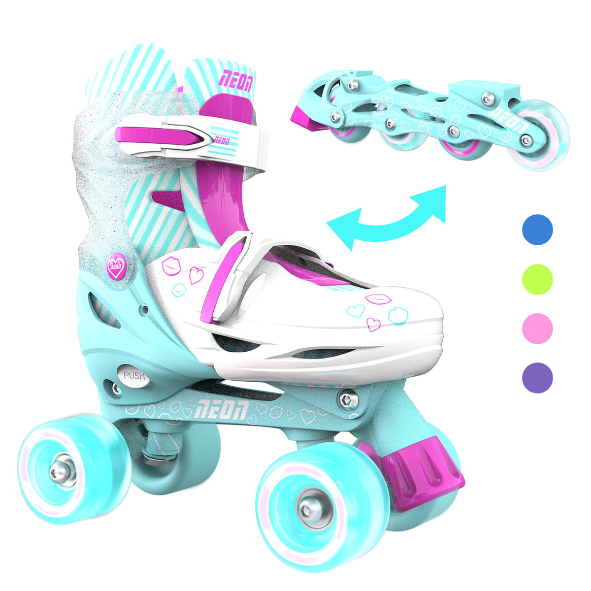 Neon Combo 2-in-1 Kids Skates Inline and Quad - Unisex, One Pair, Size 12-2 Adjustable, Pink/ Green