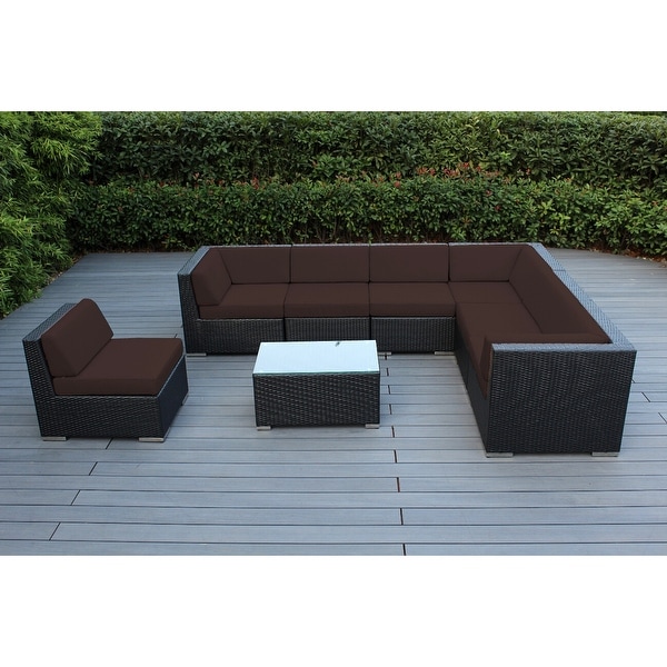 Ohana Outdoor Patio 8 Piece Black Wicker Sectional Set with Cushions