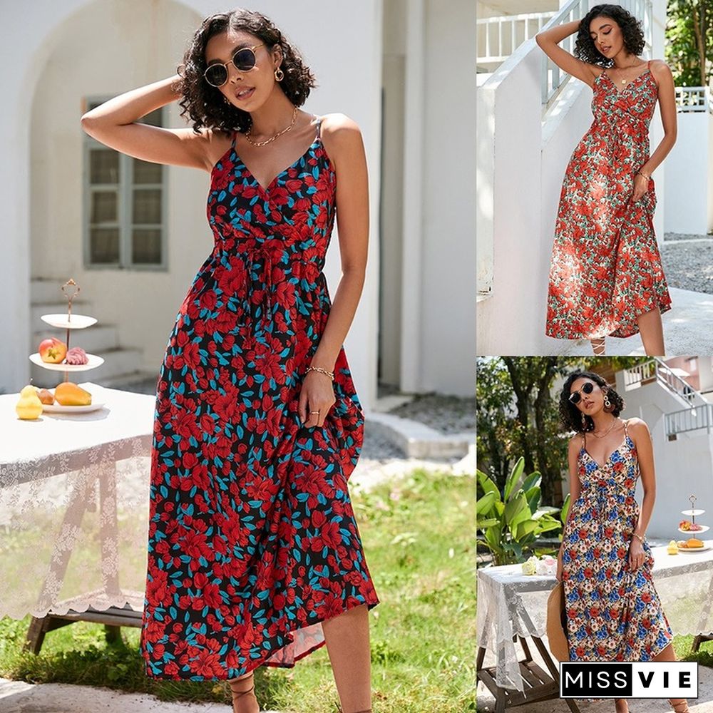 Elegant Floral Print Sexy Dress For Women Summer Dresses New Street V-Neck Backless Elasticated High Waist Midi Slip Dress