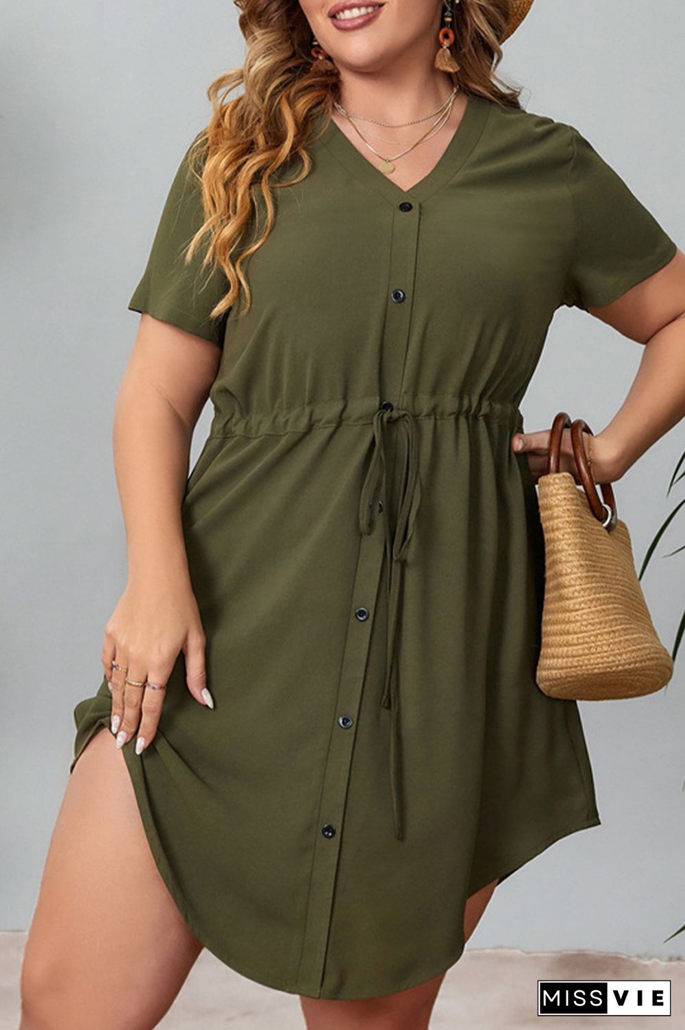 Plus Size Drawstring Elastic Waist Irregular Hem Dress Wholesale