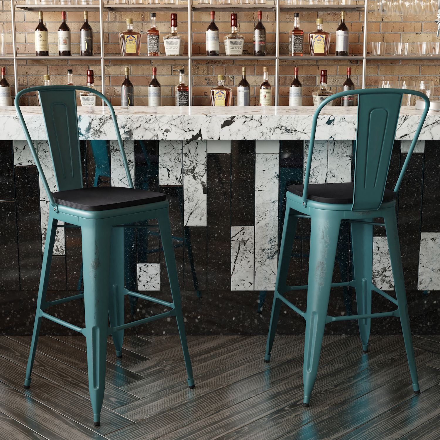 Emma and Oliver Nova Distressed Metal Stools with Backs and Polystyrene Seats for Indoor/Outdoor Use