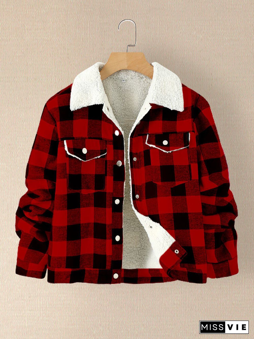 Plaid Pattern Lapel Collar Pocket Button Women Lamb Jacket