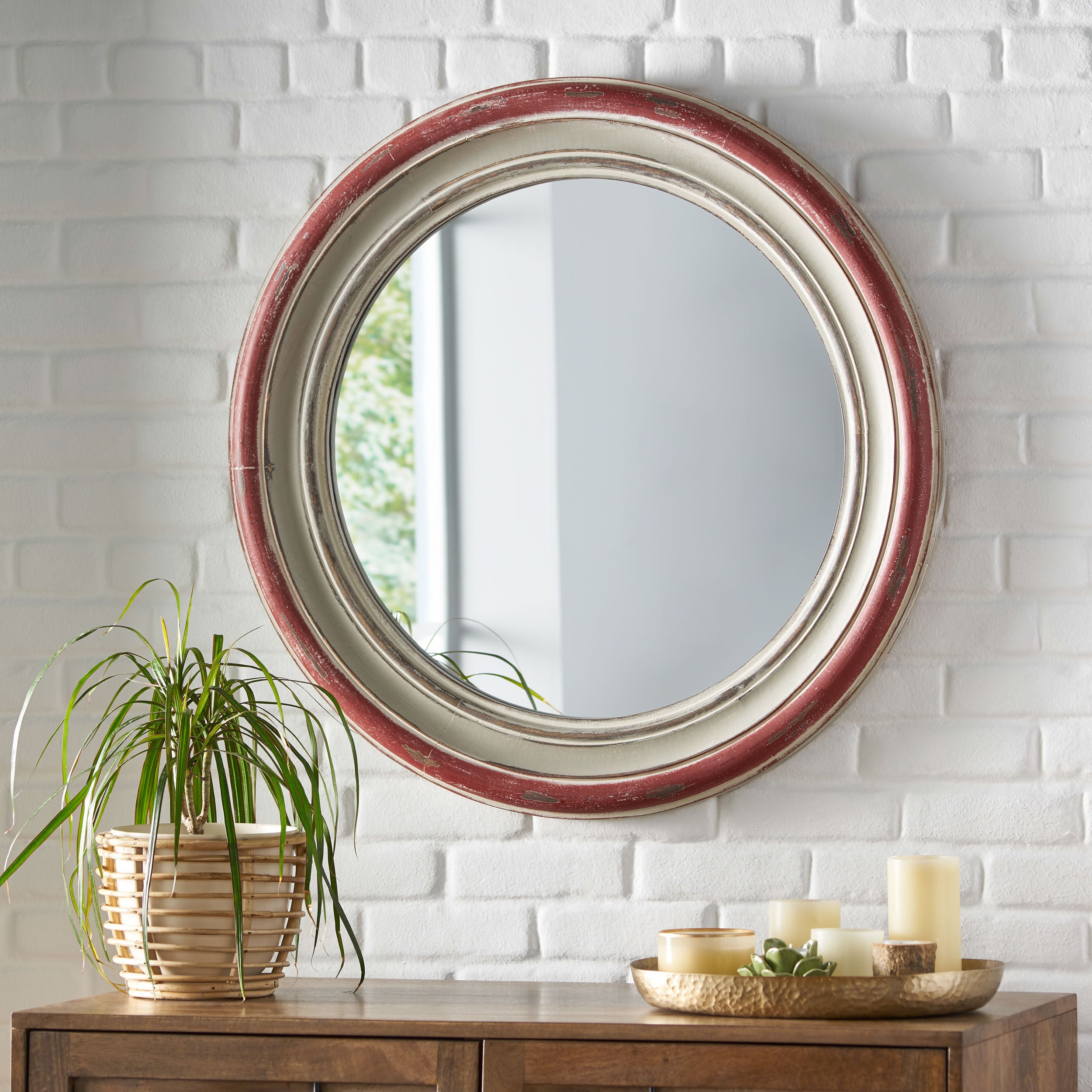 Cosby Camak Boho Wood Round Mirror, Weathered White and Red