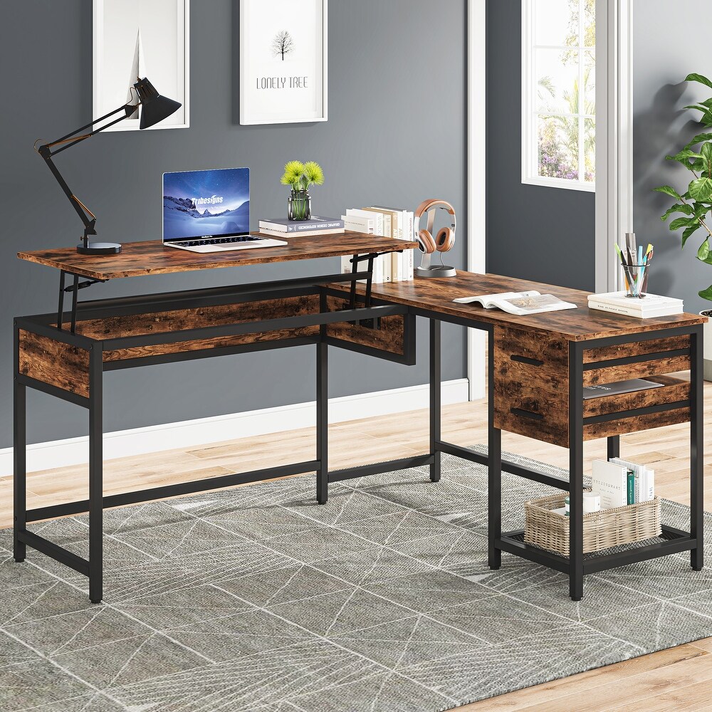 Wood Solid 59’’ L shaped Computer Corner Desk with Lift Top  Industrial Writing Table with Drawers and Storage Shelves