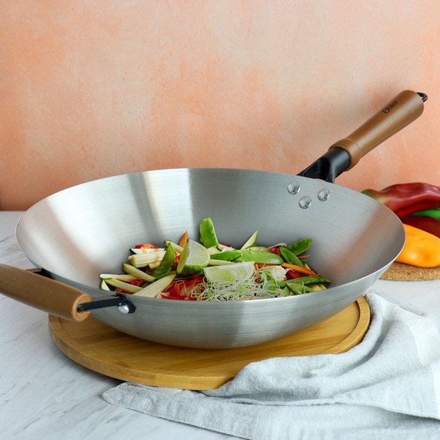 Oster Sangerfield 14in Stainless Steel Flat Bottom Wok With Wooden Handles