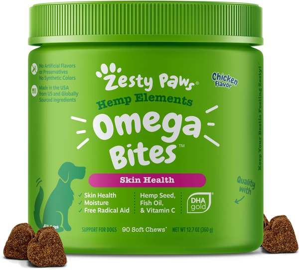 Zesty Paws Hemp Elements Omega Bites Chicken Flavored Soft Chews Skin and Coat Supplement for Dogs