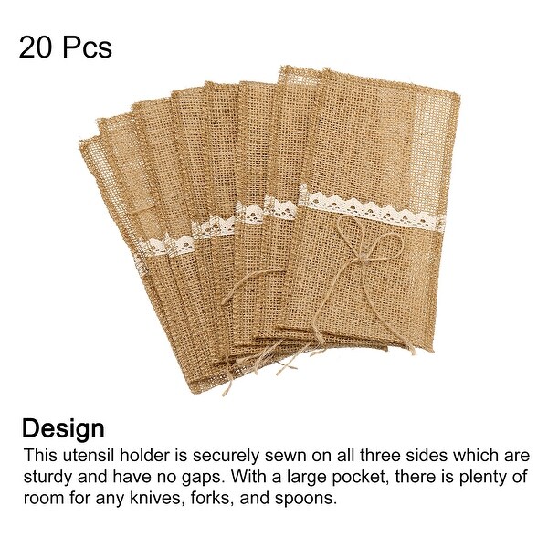 20Pcs Burlap Lace Utensil Holder Knife Fork Bags Cutlery Pouch for Wedding Party - Light Brown