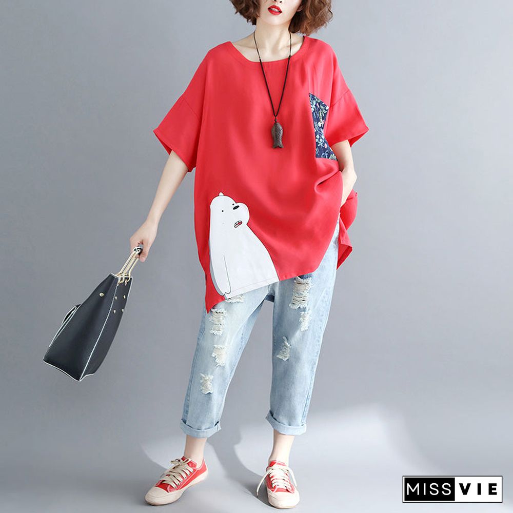 Simple red linen cotton linen tops women blouses Boho design pockets Batwing Sleeve daily tops