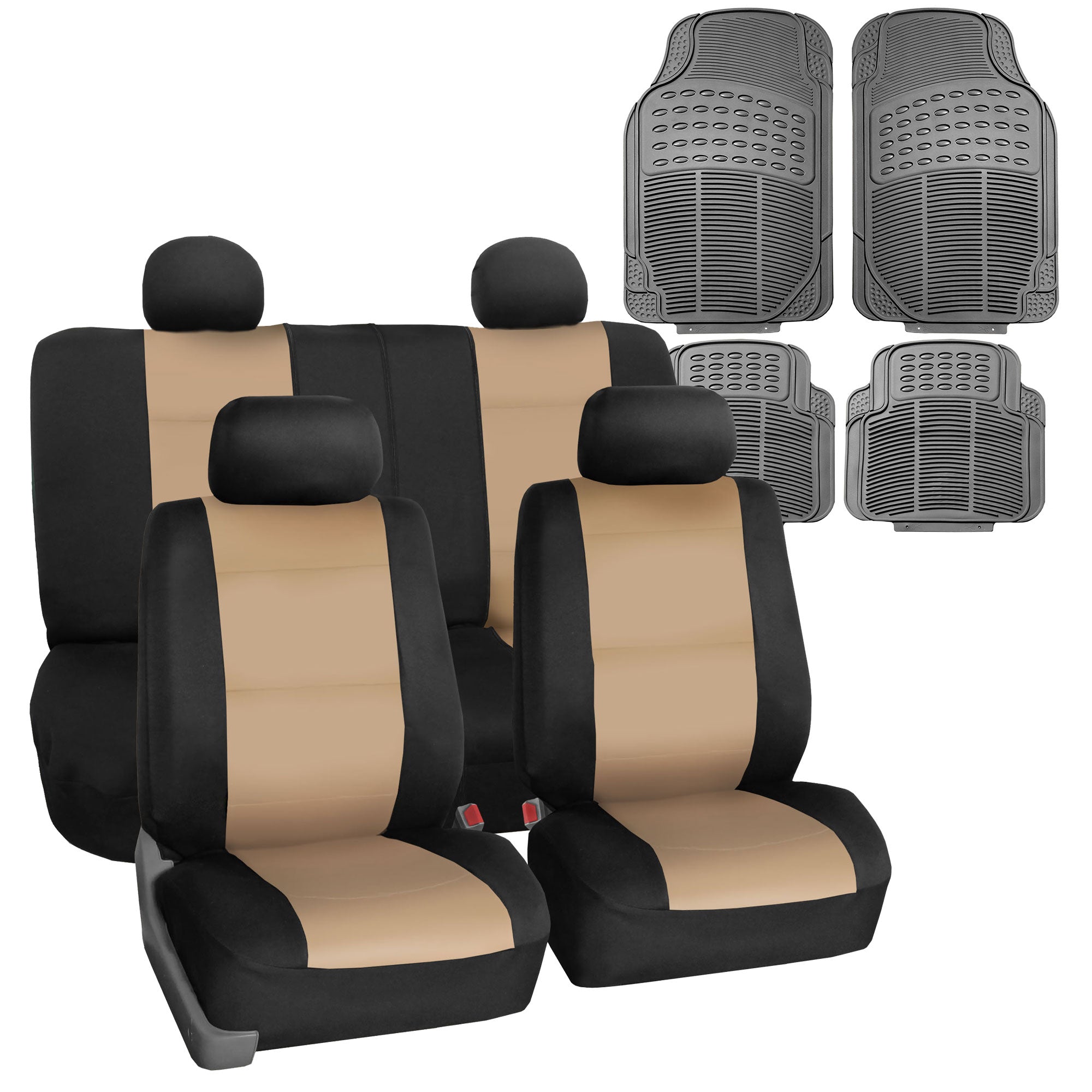 FH Group Universal Auto Seat Covers Neoprene Beige w/ Gray  Floor Mats