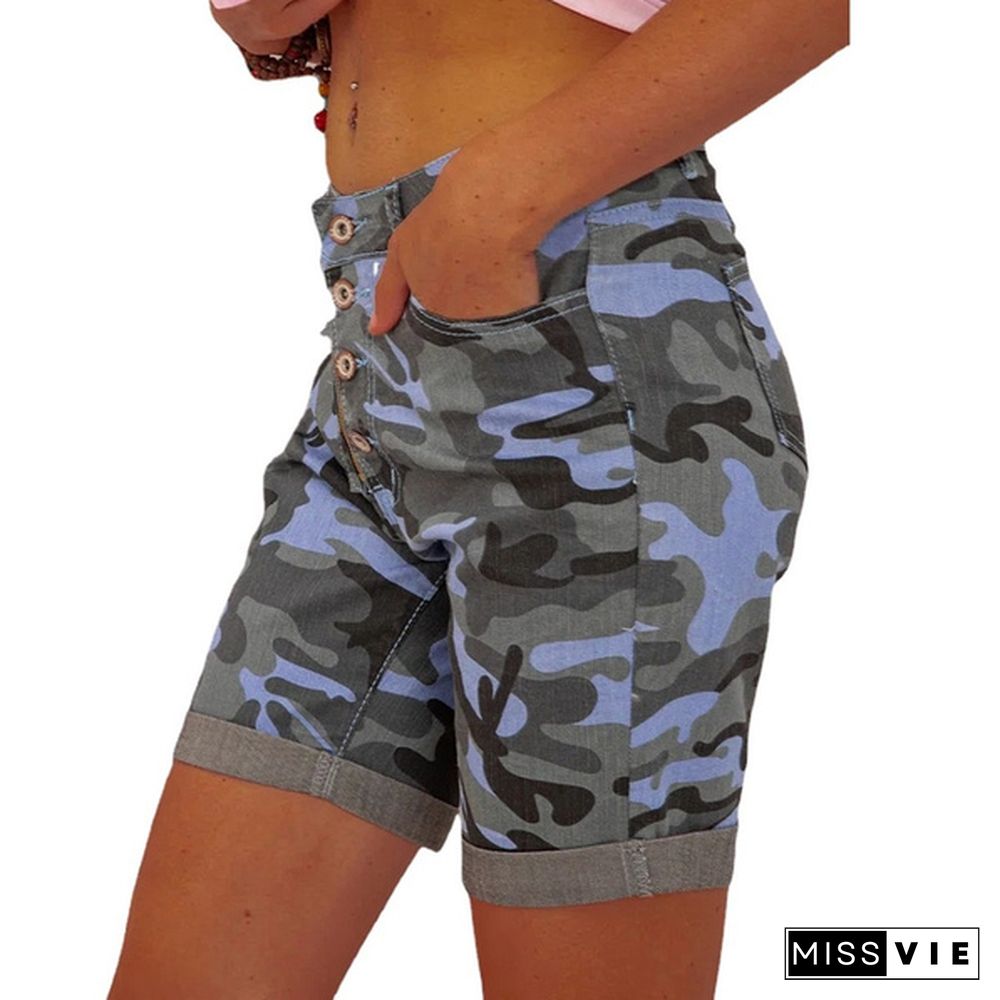 Women Summer Denim Shorts Button Zipper Camouflage Printing Slim Stretch Jeans Shorts