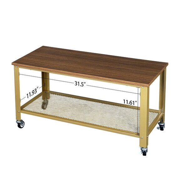 Natural Style Coffee Table with Golden Base and 4 Wheels at the Bottom for Living Room Bedroom