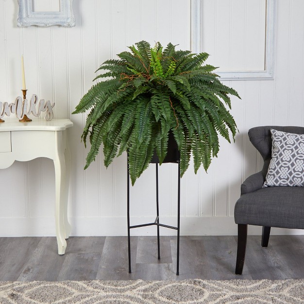 Nearly Natural 51-in Boston Fern Artificial Plant In Black Planter With Stand