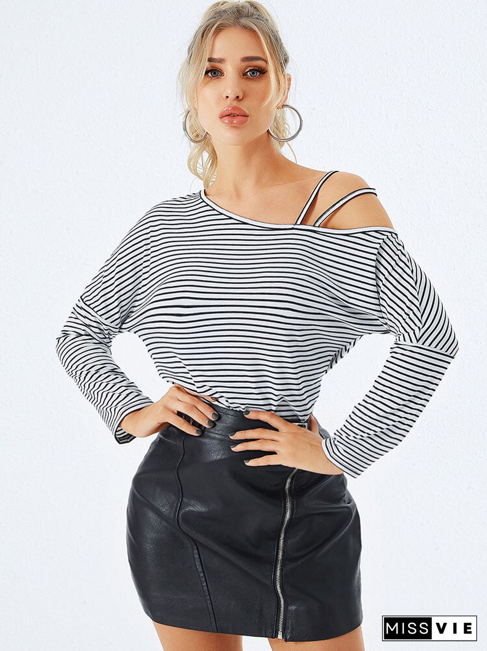 Stripe Print Irregular One Shoulder Strap Long Sleeve T-shirt