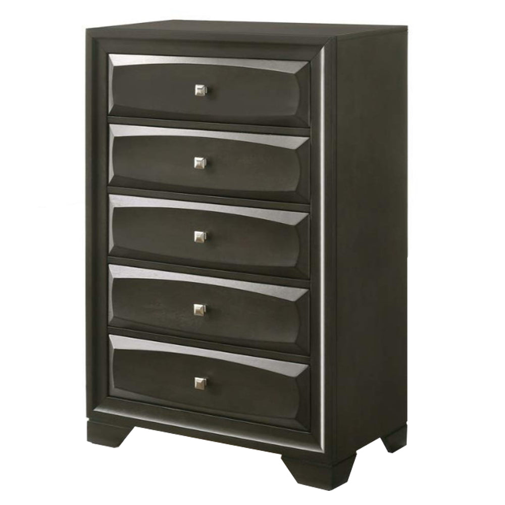 Five Drawer Chest With Brushed Nickel Accent And Chamfered Legs, Antique Gray- Saltoro Sherpi