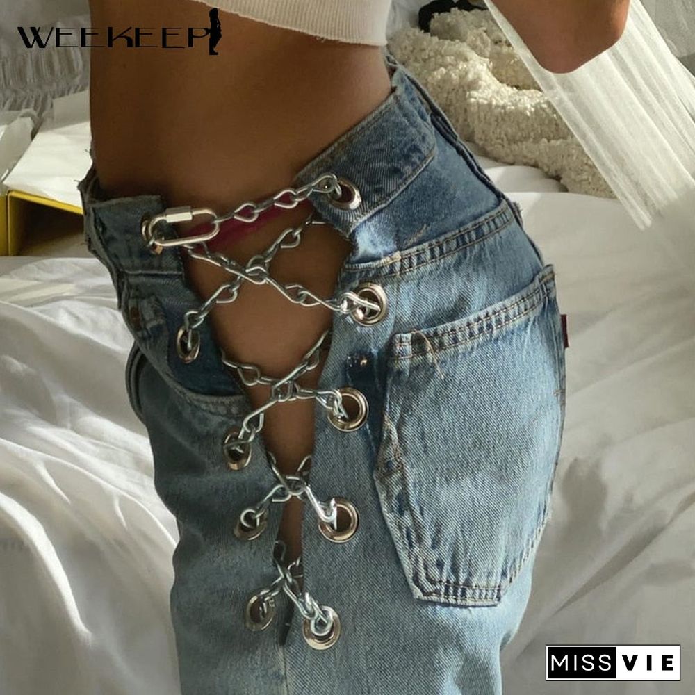 Weekeep Side Cross Chain Hollow Out Wide-Leg Women'S Jeans High Waist Streetwear Pants Sexy Elegant Ladies Europe Fashion Jeans