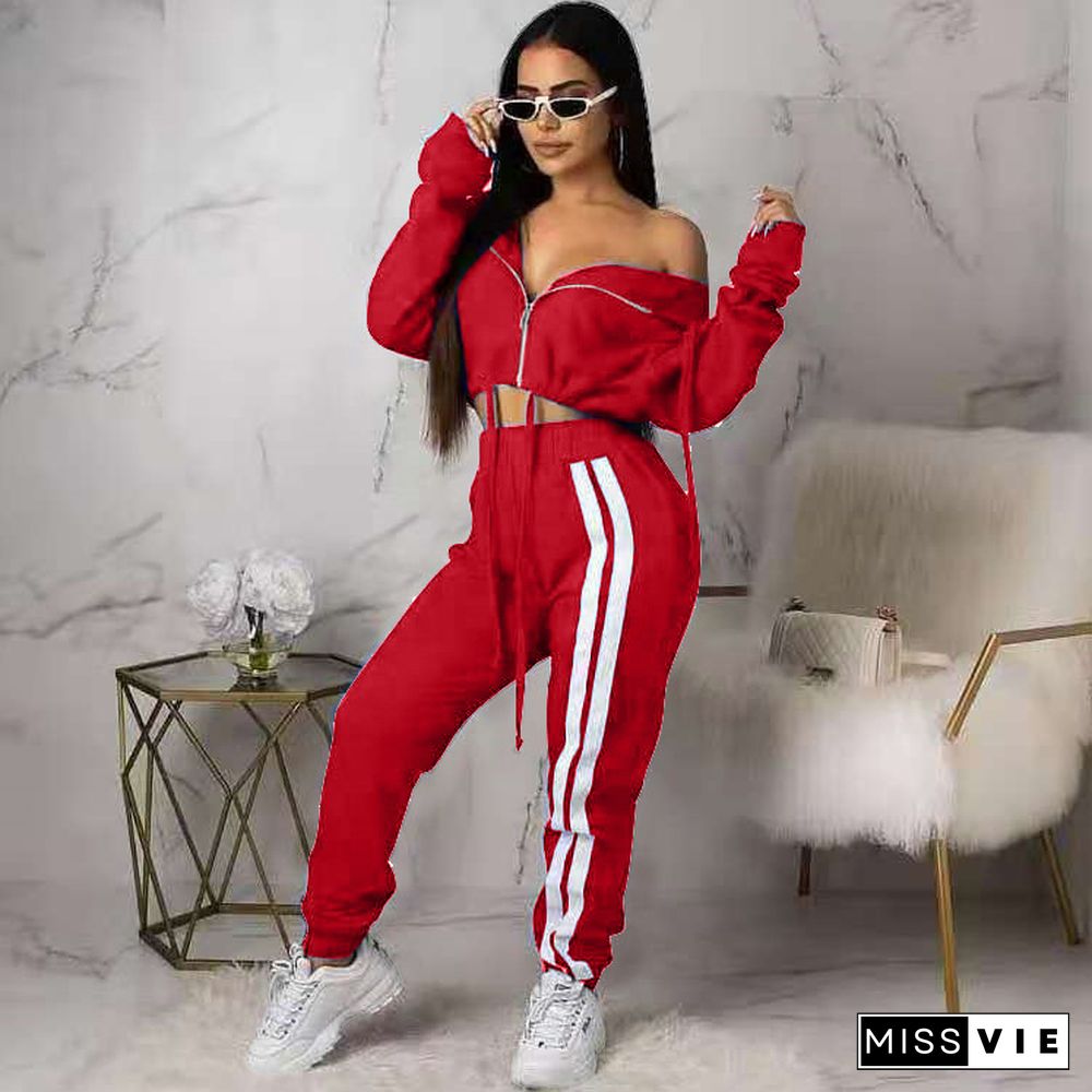 Solid Color Long Sleeve Zipper Hooded Crop Top Sweatpants Suit