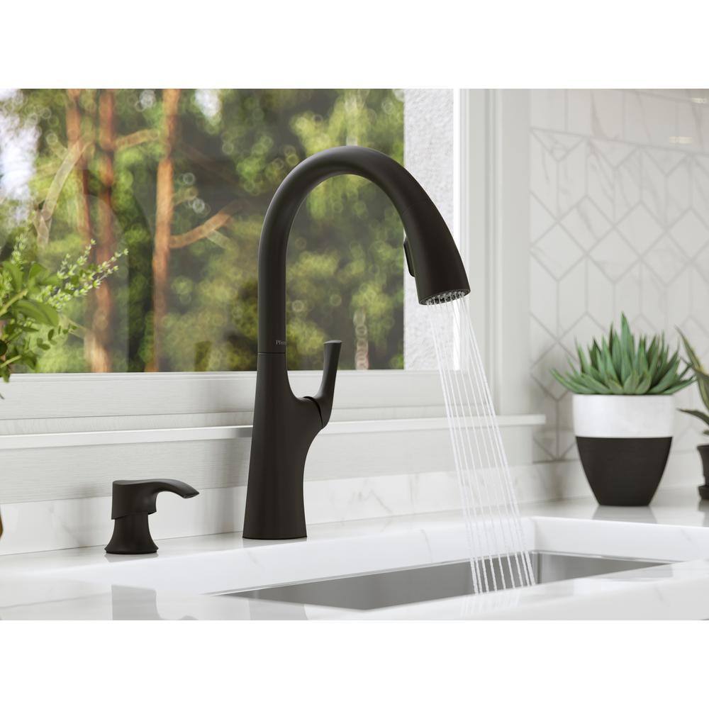 Pfister Ladera Single Handle Pull Down Sprayer Kitchen Faucet with Soap Dispenser in Matte Black F-529-7LRRB