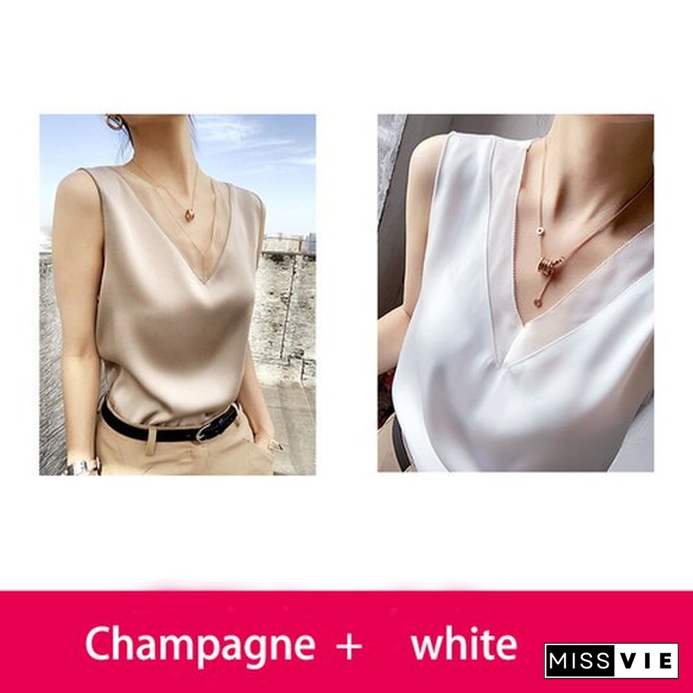 Women'S Elegant Blouse Solid V-Neck White Satin Silk Shirt Plus Size Vintage Clothing Chiffon Tunic Tops For Women Summer