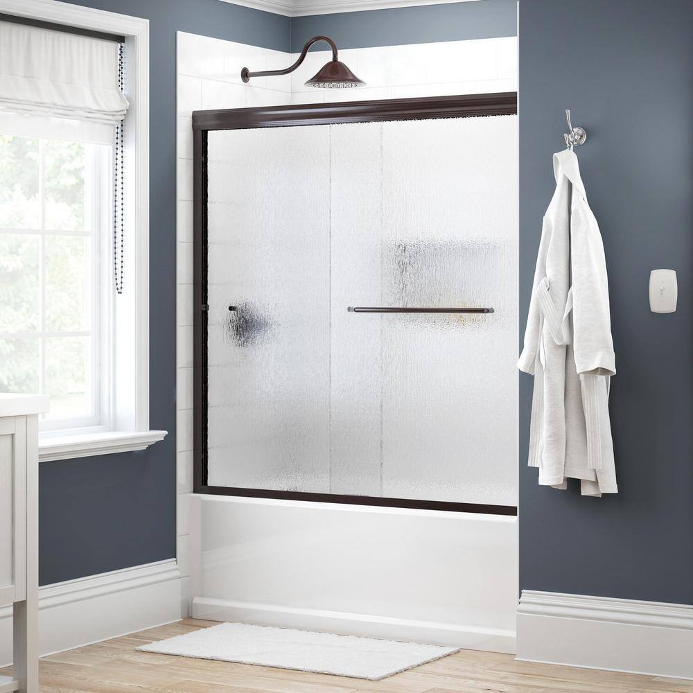 Delta Simplicity 60 in. x 58-18 in. Semi-Frameless Traditional Sliding Bathtub Door in Bronze with Rain Glass 2435525