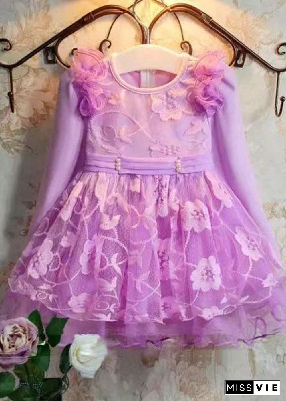 Lovely Purple Embroideried Patchwork Tulle Kids Long Dress Long Sleeve