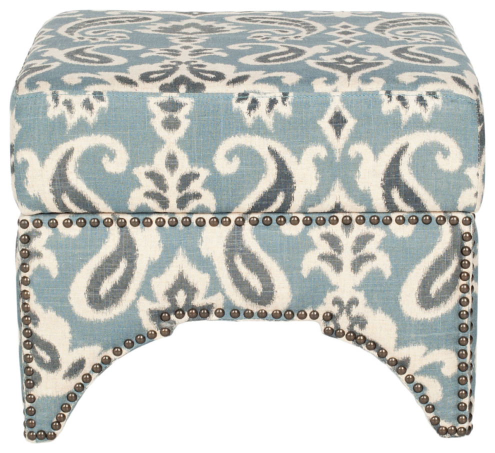 Clancy Ottoman Brass Nail Heads Blue/ Grey/ Off White Pattern   Mediterranean   Footstools And Ottomans   by Peachtree Fine Furniture  Houzz