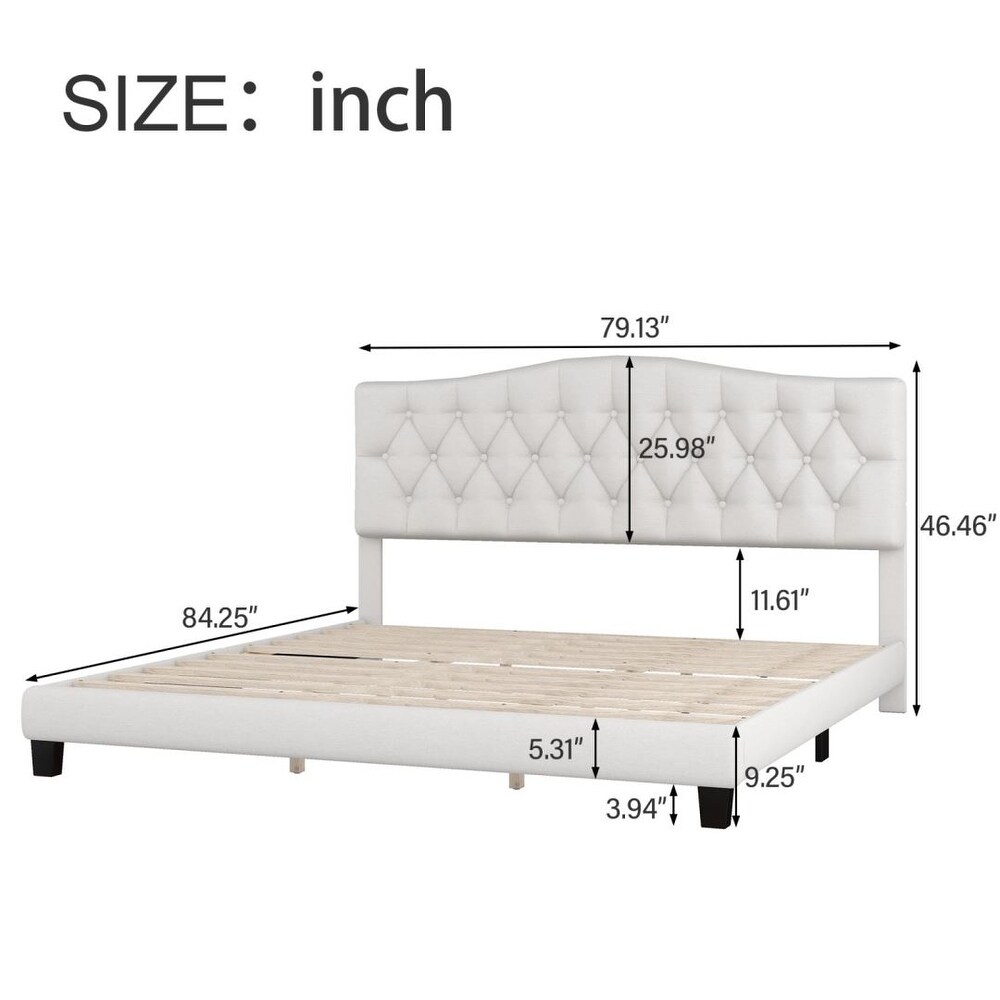 Modern Platform Bed Frame Wood Slat Diamond Tufted Headboard Sturdy