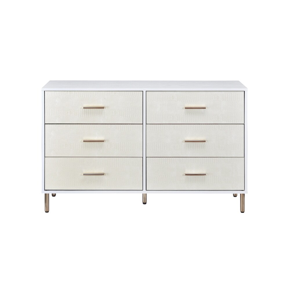 Contemporary Style 6 drawer Dresser  Metal Legs  Faux Crocodile Skin Pattern  2/3 Extension Drawer  Side Metal Glide Drawer