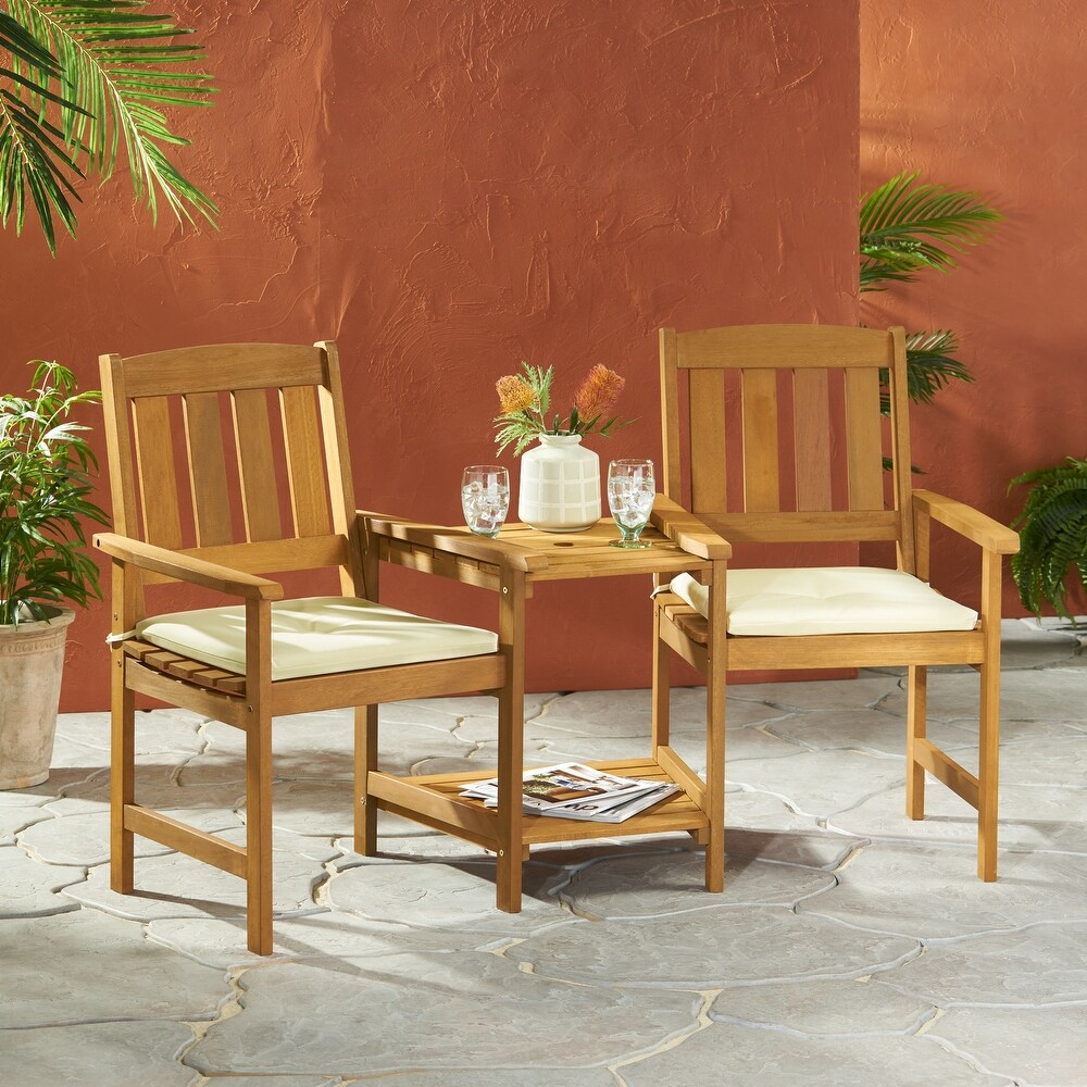 Belize Outdoor Adjoining Wood Chairs with Cushions by Christopher Knight Home