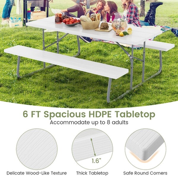 Folding Picnic Table Set with Metal Frame and AllWeather HDPE Tabletop，Umbrella Hole