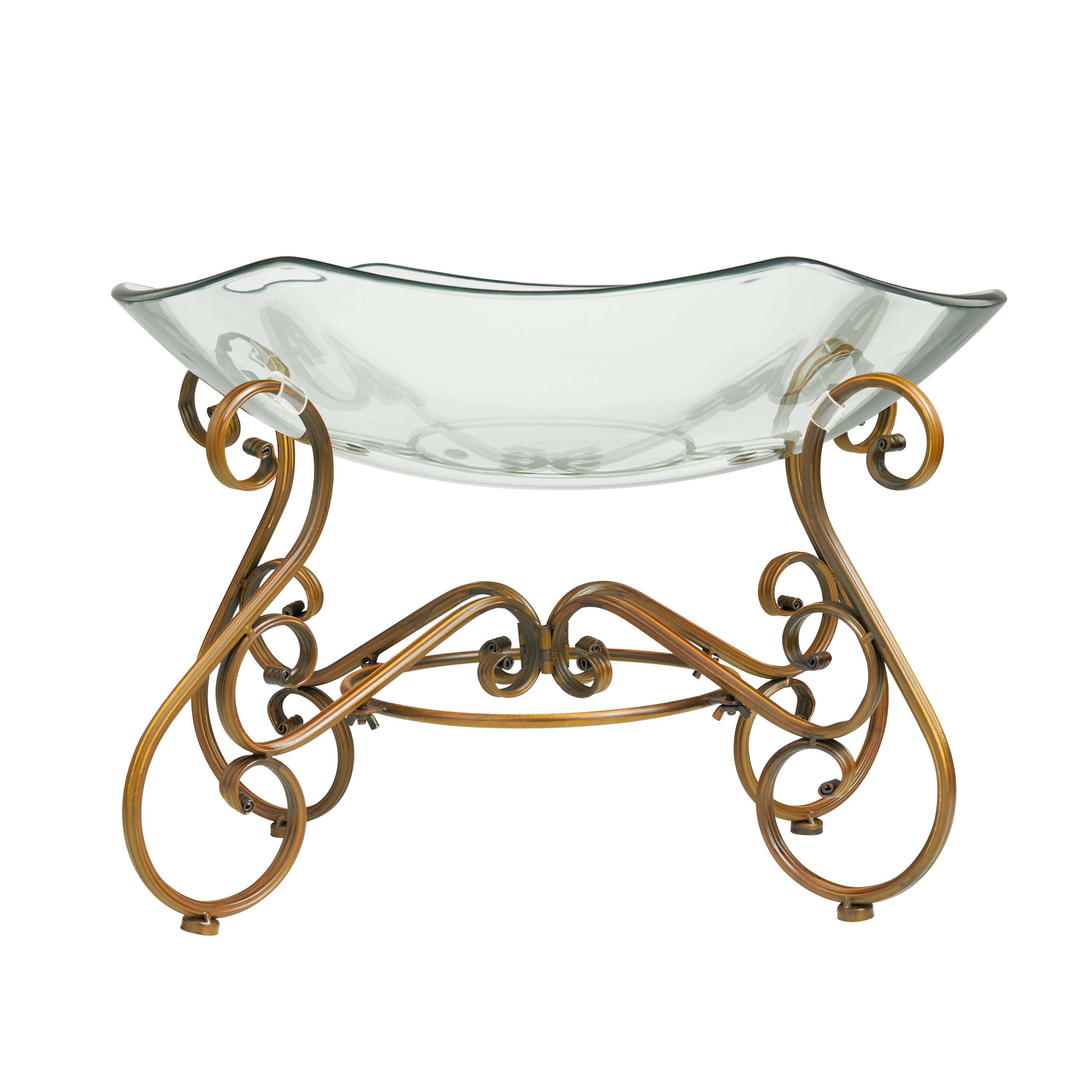 DecMode 21 x 14 Clear Glass Kitchen Serving Bowl with Gold Metal Scroll Base， 1-Piece