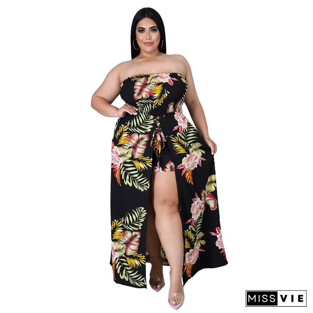 Summer Plus Size Women Clothing Floral Print Elastic Waist Beach Casual One Piece Split Jumpsuit