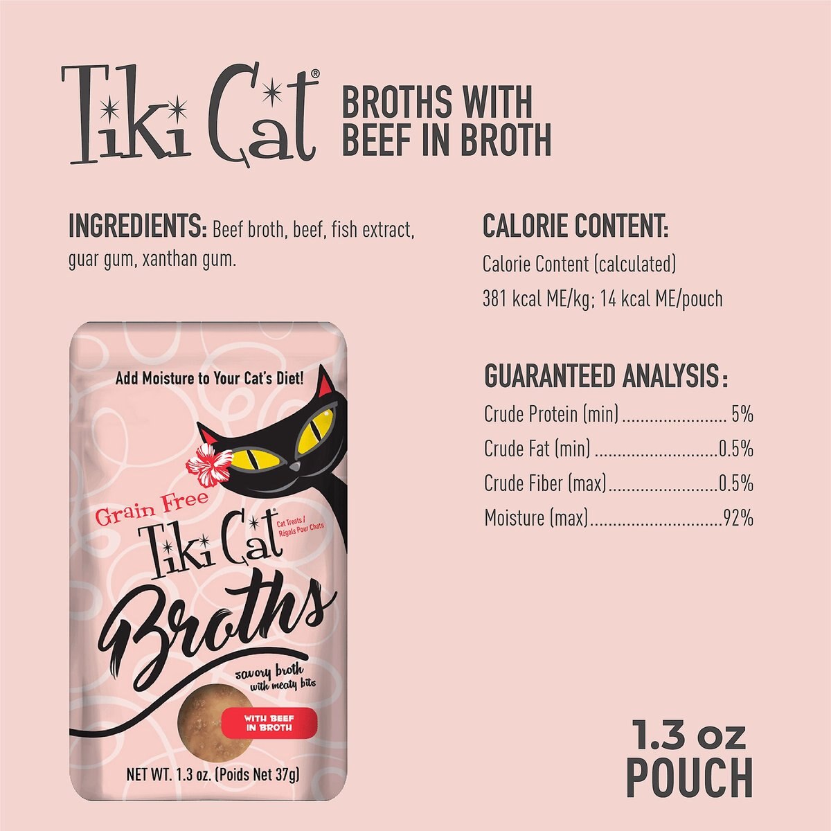 Tiki Cat Broths Beef in Broth with Meaty Bits Grain-Free Wet Cat Food Topper， 1.3-oz pouch， case of 12