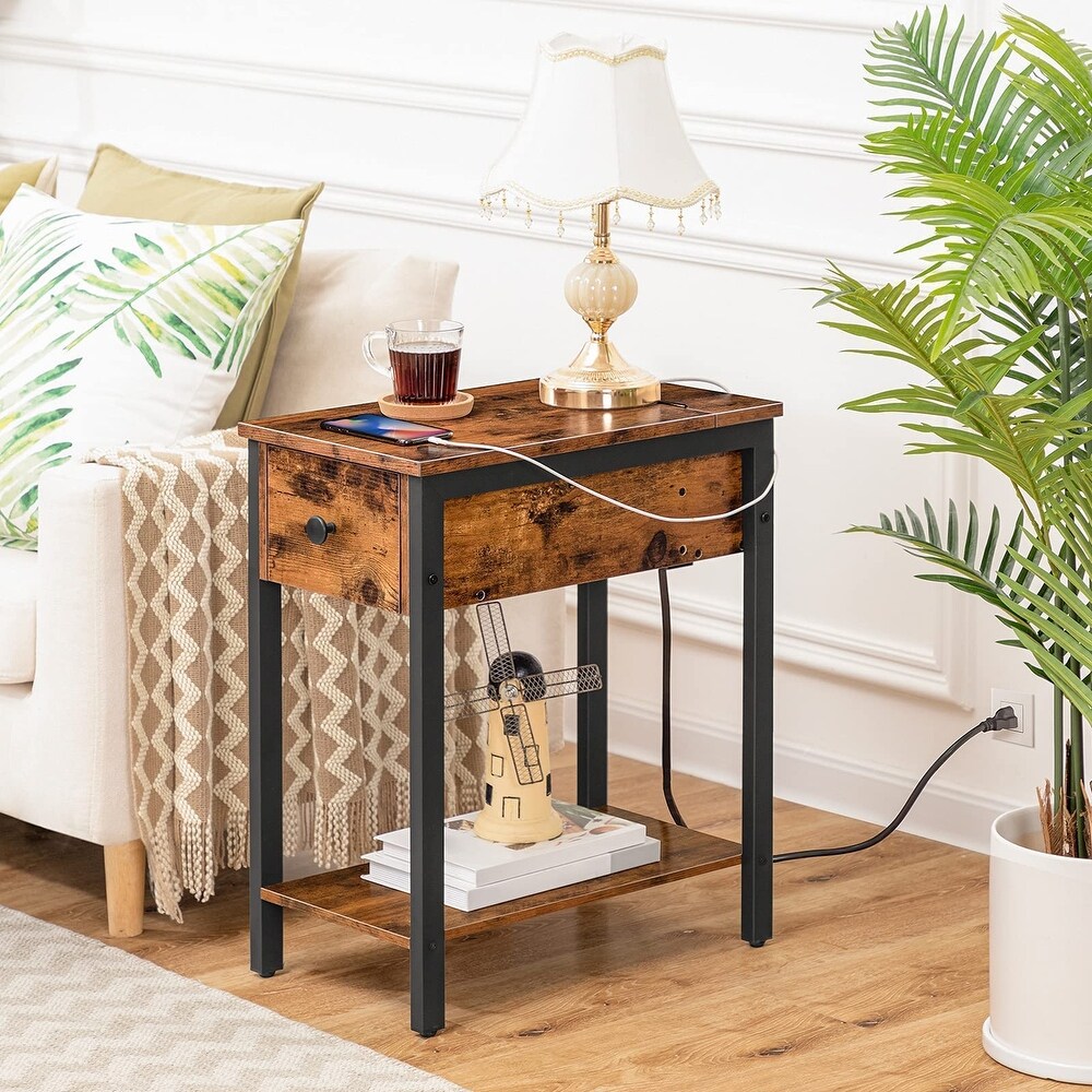 Side Table with Charging Station  Narrow Nightstand with Drawer   USB Ports   Power Outlets  End Table for Small Spaces