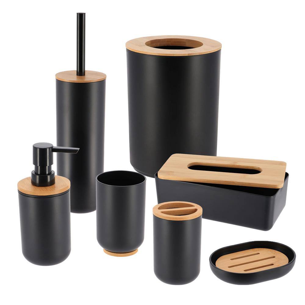 Padang 7--Pieces Bath Accessory Set with Soap Pump Tumbler Soap Dish and Toilet Brush Holder in PVC Black and Bamboo SET7PADANG6174237