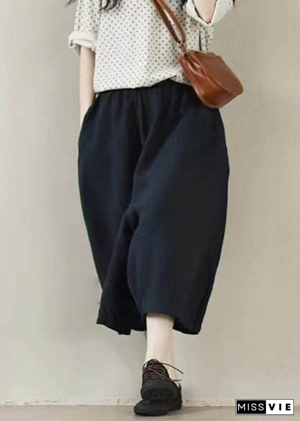 Classy Navy Pockets Linen Wide Leg Pants Summer