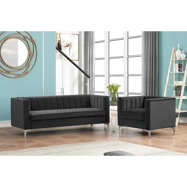 Contemporary Sofa  ampAccent Chair Set  Velvet Seat  ampChannel Tufted Back   Contemporary   Living Room Furniture Sets   by Declusia  Houzz