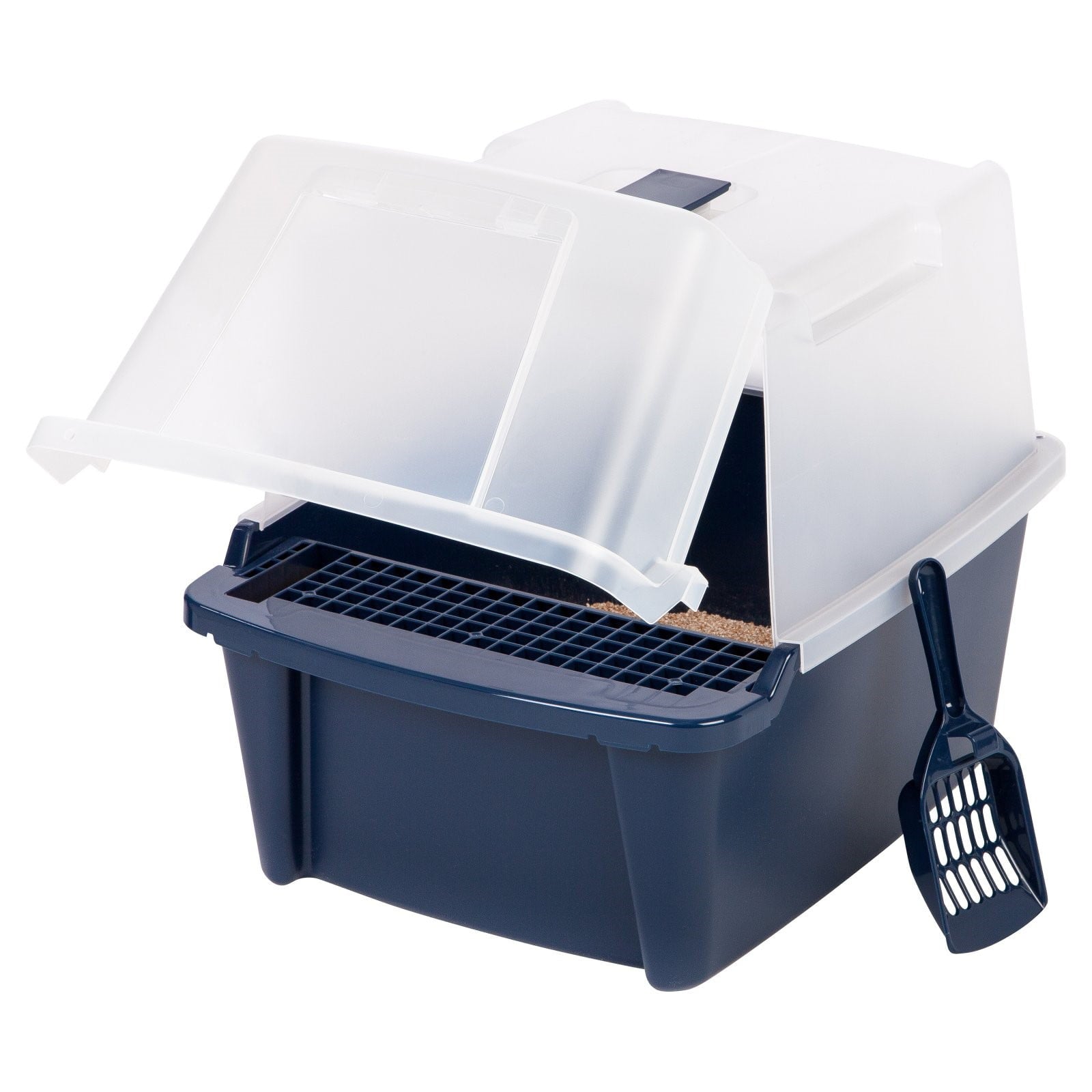 IRIS USA， Large Split-Hood Litter Box with Scoop and Grate， Blue