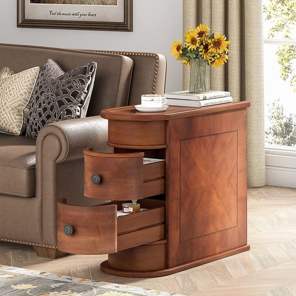 Solid Wood Chairside End Table， Two-Drawer Narrow Side Table Slim