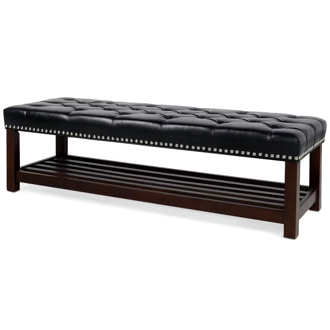 Entryway Bench Shoe Bench, Classic PU Leather Bench, Bedroom End of Bed Bench, Vanity Bench Dining Room Bench, Footstool with Wooden Base, for Bedroom Entryway Living Room Hallway, Black