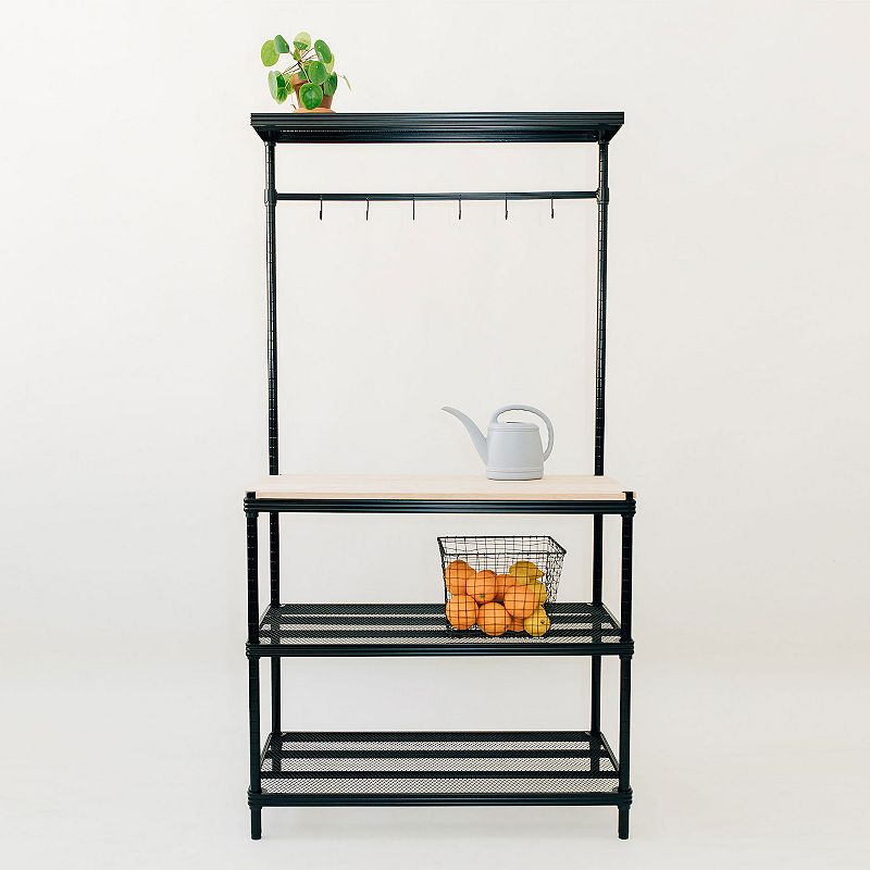 Design Ideas Meshworks Metal Storage Utility Wood Top Shelving Unit Rack， Black