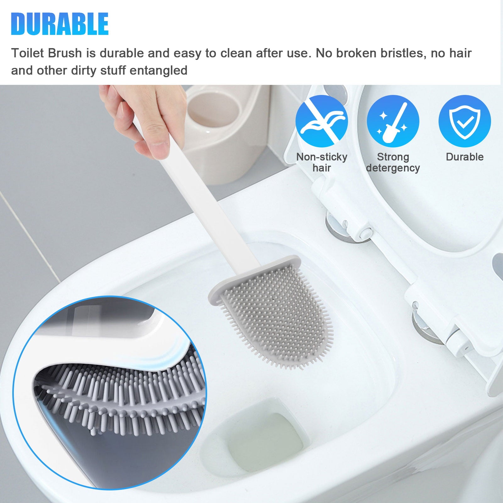 TSV Revolutionary Silicone Flex Toilet Cleaning Brush with Case， Soft Silicone Bristle Sturdy Deep Cleaner Bathroom Toilet Brush and Quick Drying Holder Set， No-Slip Long Plastic Handle， White