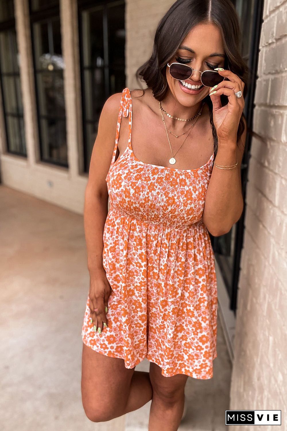 Orange Boho Floral Print Shirred Thin Straps Romper